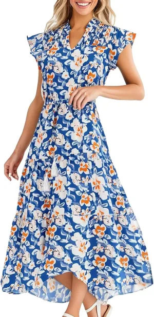 Women's 2025 Summer Floral Midi Dress Cap Sleeve V Neck Ruffle Long Flowy Boho Casual Beach Vacation Dresses