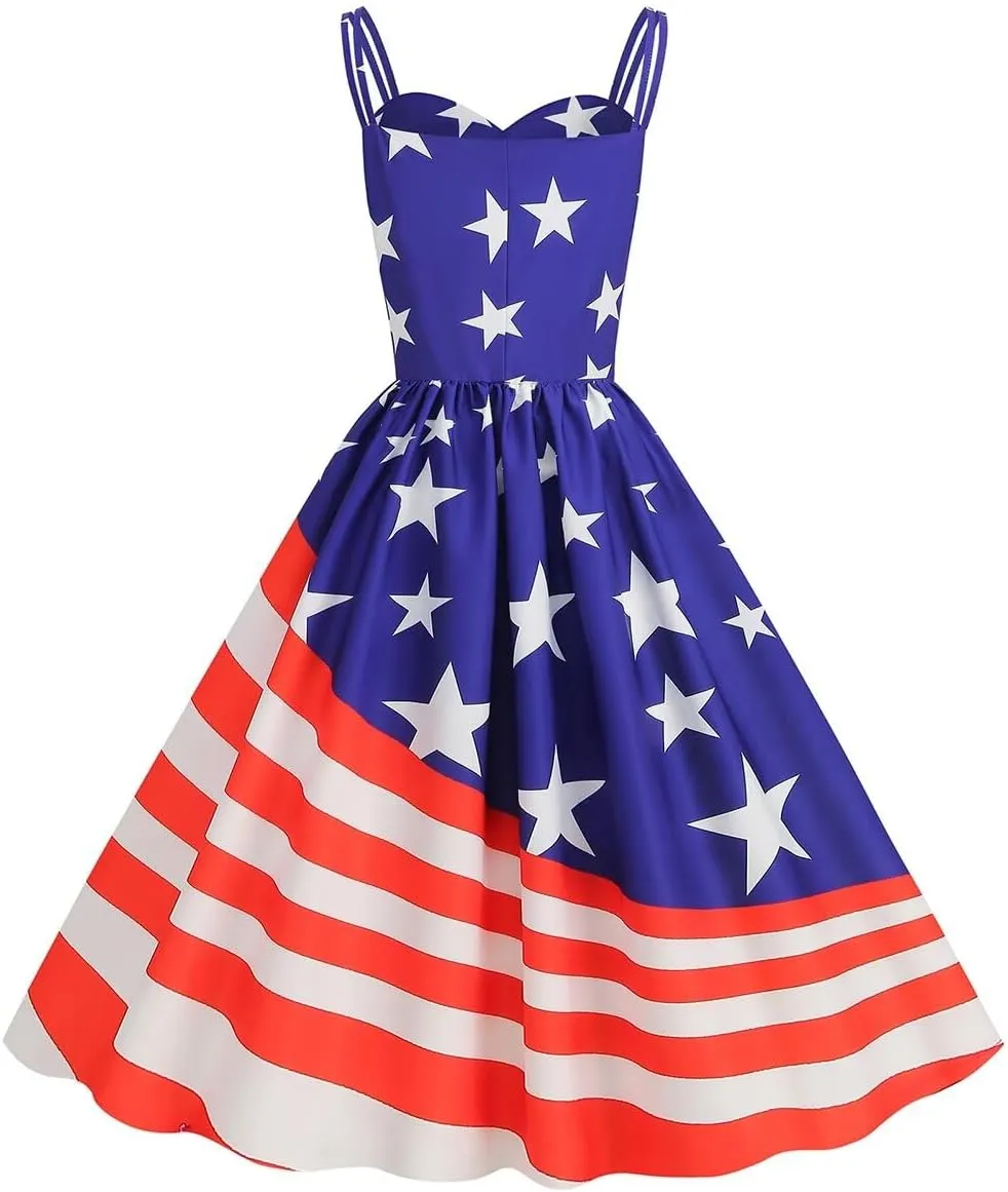 Women's 4th of July American Flag Dresses Retro 50s 60s Vintage Sleeveless Cocktail Swing Dress Patchwork Midi Dress