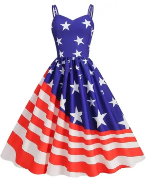 Women's 4th of July American Flag Dresses Retro 50s 60s Vintage Sleeveless Cocktail Swing Dress Patchwork Midi Dress