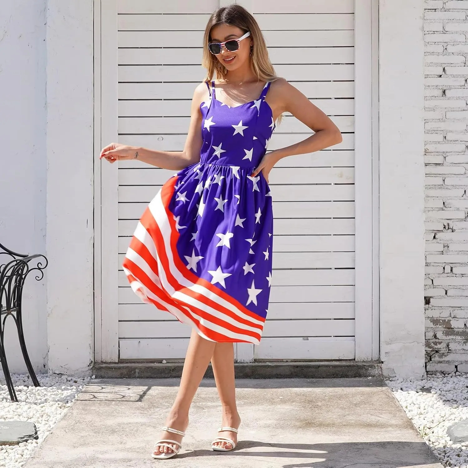 Women's 4th of July American Flag Dresses Retro 50s 60s Vintage Sleeveless Cocktail Swing Dress Patchwork Midi Dress