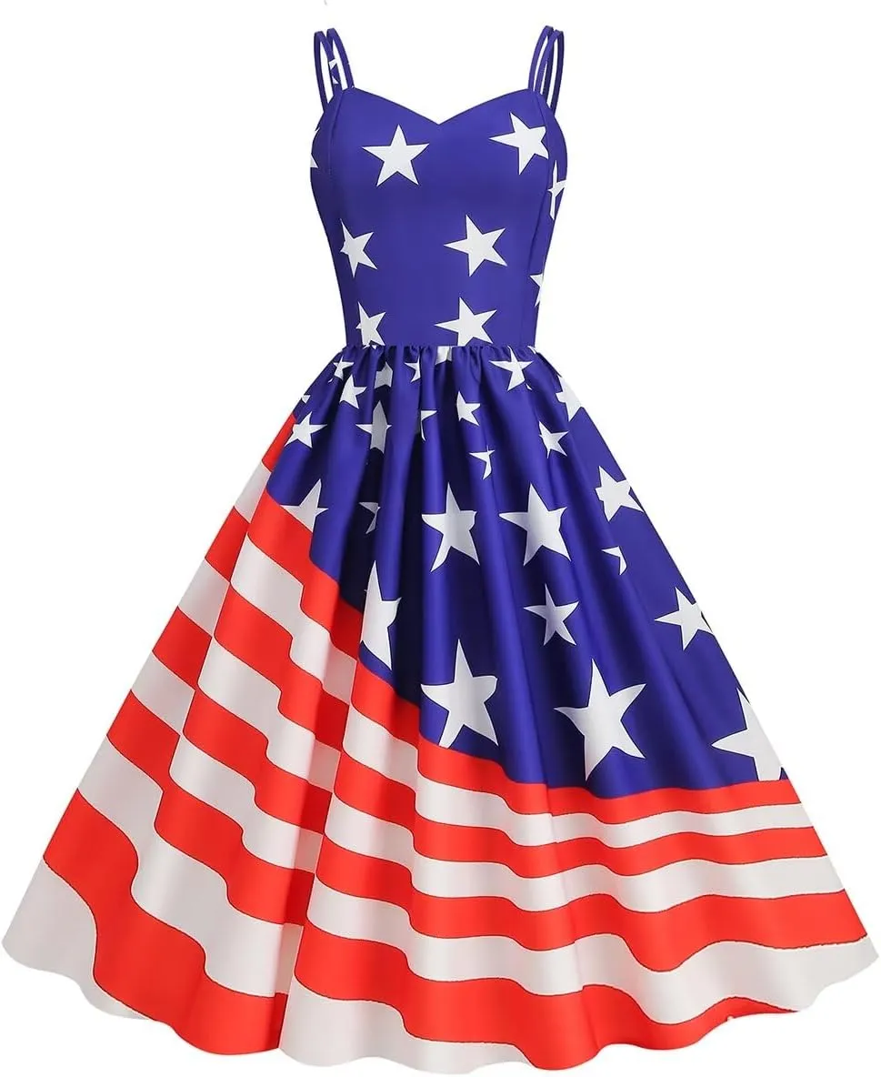 Women's 4th of July American Flag Dresses Retro 50s 60s Vintage Sleeveless Cocktail Swing Dress Patchwork Midi Dress