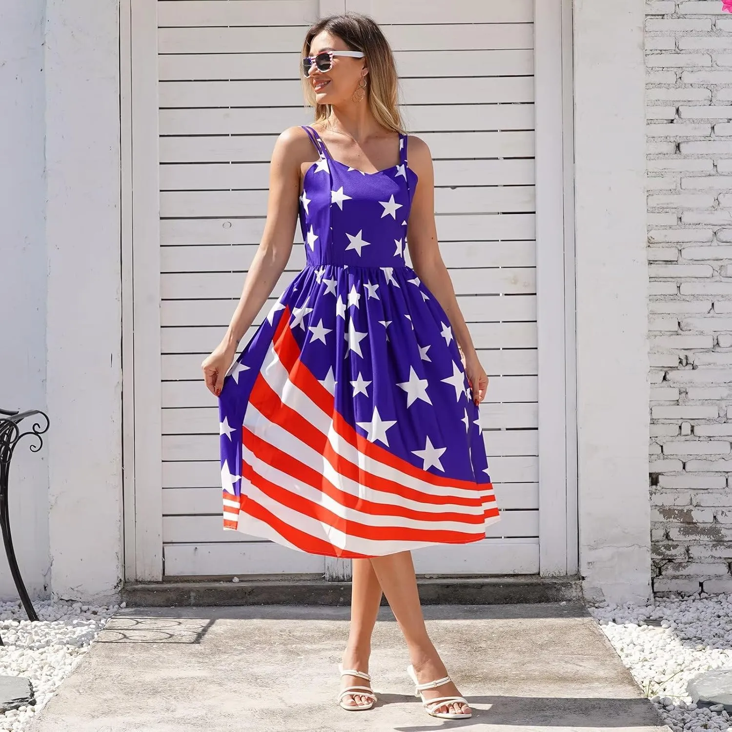 Women's 4th of July American Flag Dresses Retro 50s 60s Vintage Sleeveless Cocktail Swing Dress Patchwork Midi Dress