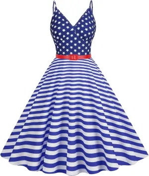 Women's 4th of July American Flag Dresses Retro 50s 60s Vintage Sleeveless Cocktail Swing Dress Patchwork Midi Dress