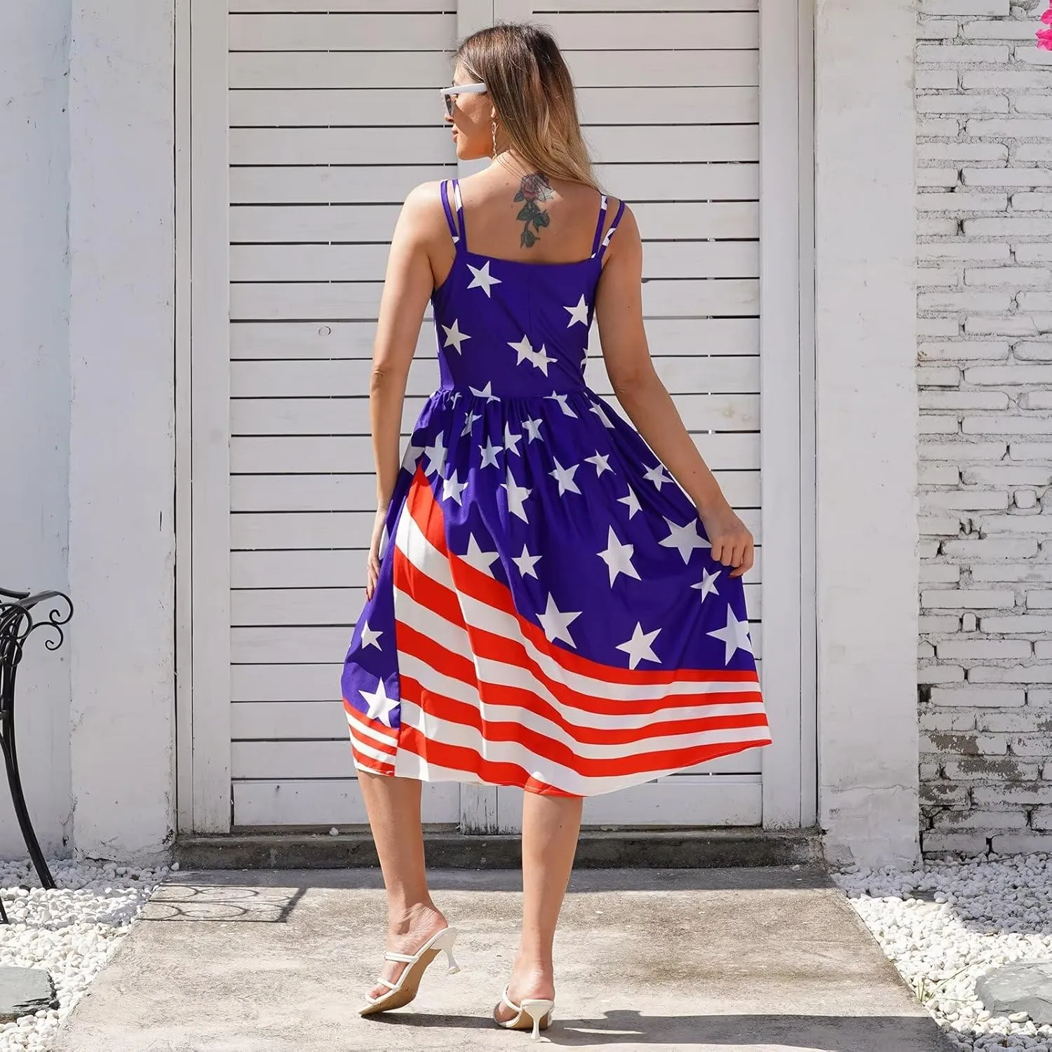 Women's 4th of July American Flag Dresses Retro 50s 60s Vintage Sleeveless Cocktail Swing Dress Patchwork Midi Dress