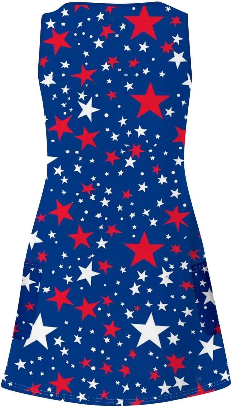 Womens American Flag Midi Sundress V Neck Independence Day Tank Dress Baggy Boho Patriotic Beach Sun Dress w/Pockets