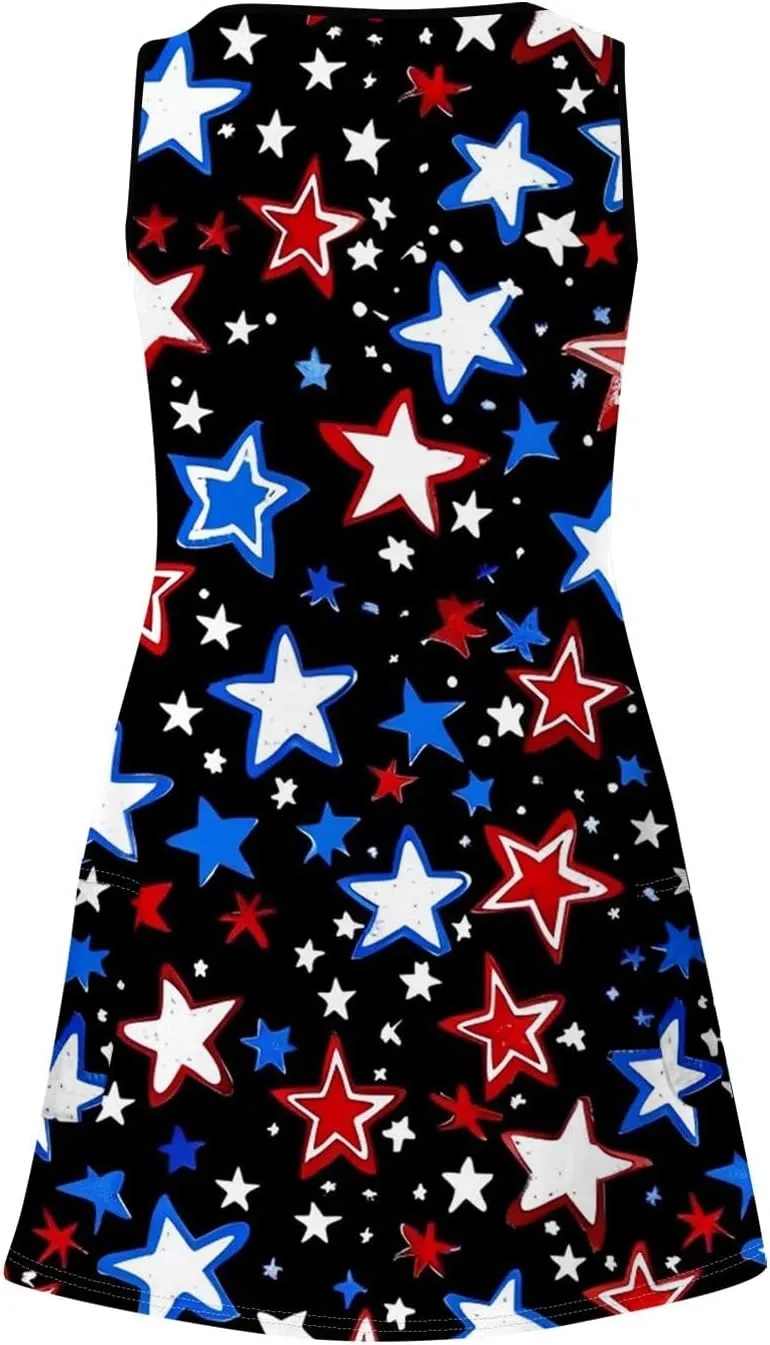 Womens American Flag Midi Sundress V Neck Independence Day Tank Dress Baggy Boho Patriotic Beach Sun Dress w/Pockets