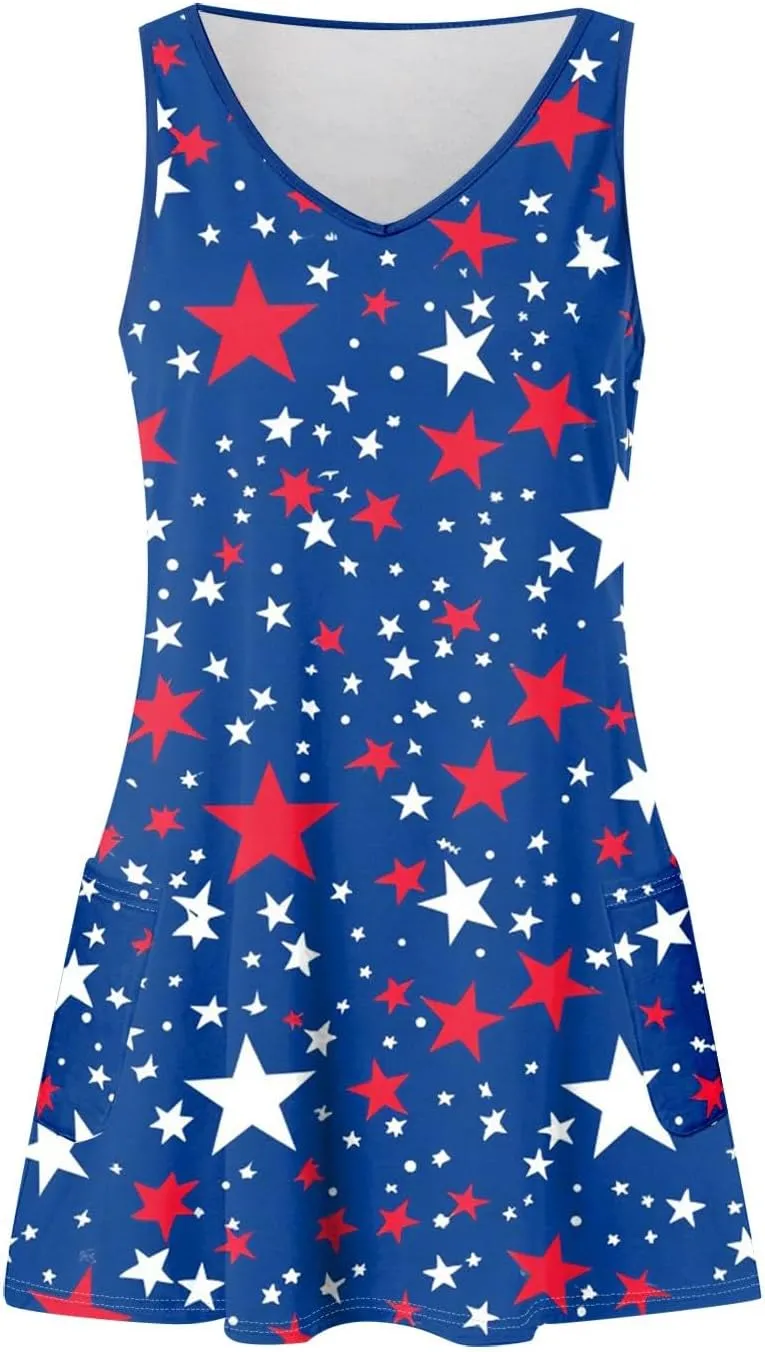 Womens American Flag Midi Sundress V Neck Independence Day Tank Dress Baggy Boho Patriotic Beach Sun Dress w/Pockets