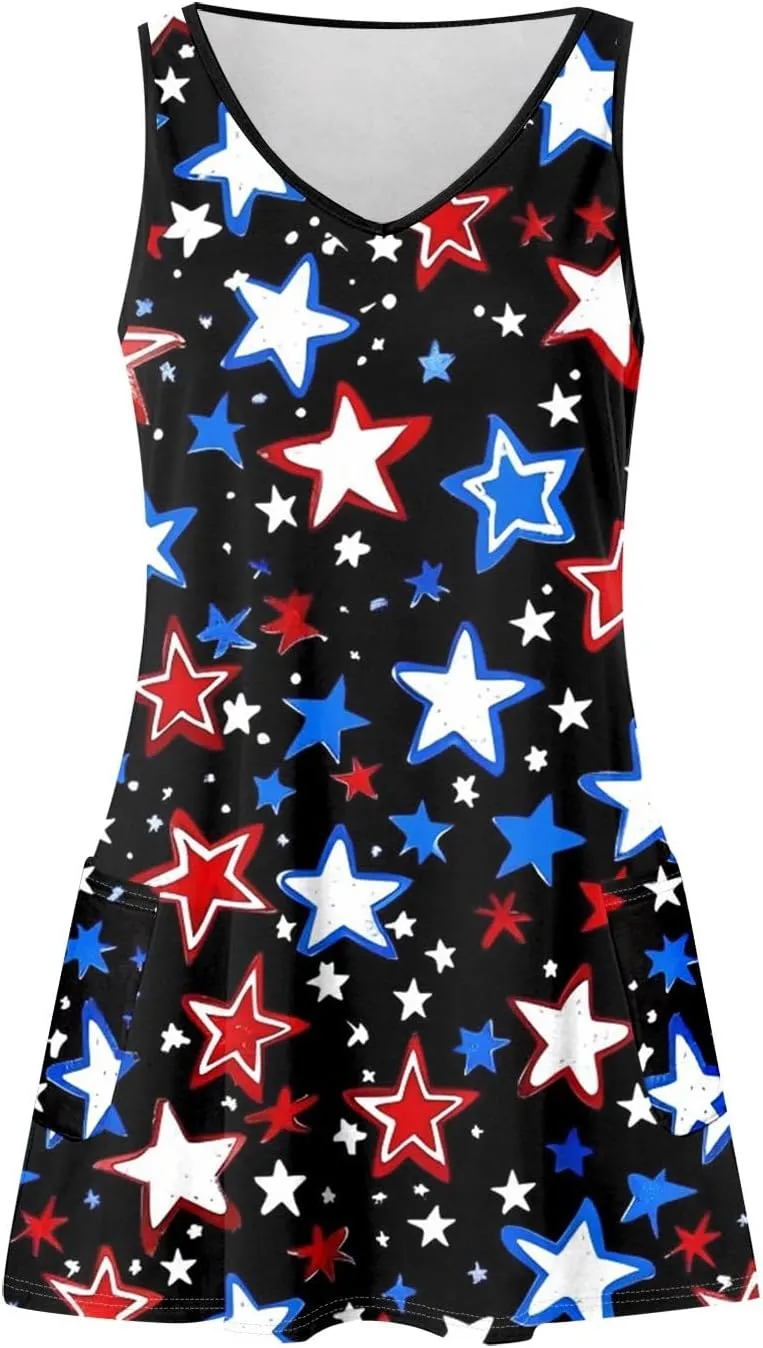 Womens American Flag Midi Sundress V Neck Independence Day Tank Dress Baggy Boho Patriotic Beach Sun Dress w/Pockets