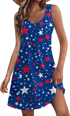 Womens American Flag Midi Sundress V Neck Independence Day Tank Dress Baggy Boho Patriotic Beach Sun Dress w/Pockets