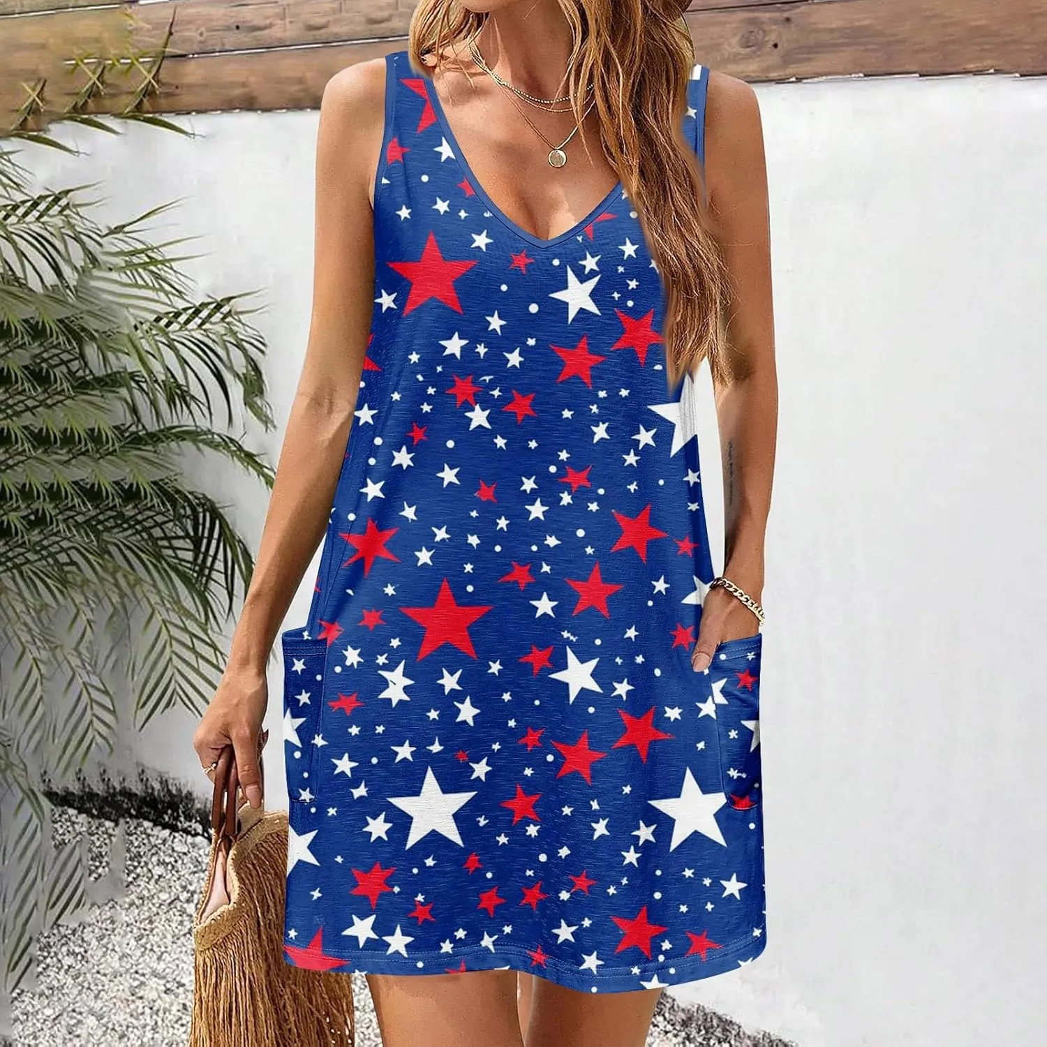 Womens American Flag Midi Sundress V Neck Independence Day Tank Dress Baggy Boho Patriotic Beach Sun Dress w/Pockets