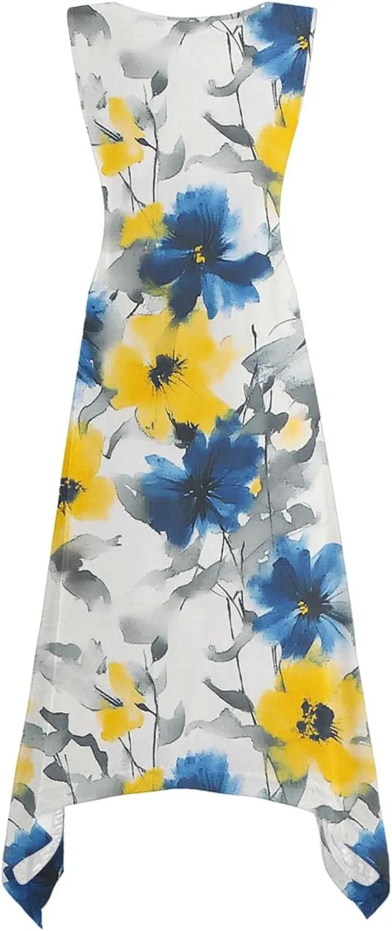 Women's Beach Sleeveless Midi Dress Summer Casual Tank Dresses Floral Print Loose A-Line Tank Sundress with Pockets