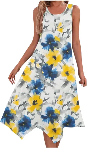 Women's Beach Sleeveless Midi Dress Summer Casual Tank Dresses Floral Print Loose A-Line Tank Sundress with Pockets