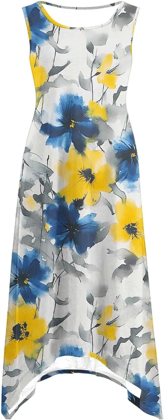 Women's Beach Sleeveless Midi Dress Summer Casual Tank Dresses Floral Print Loose A-Line Tank Sundress with Pockets