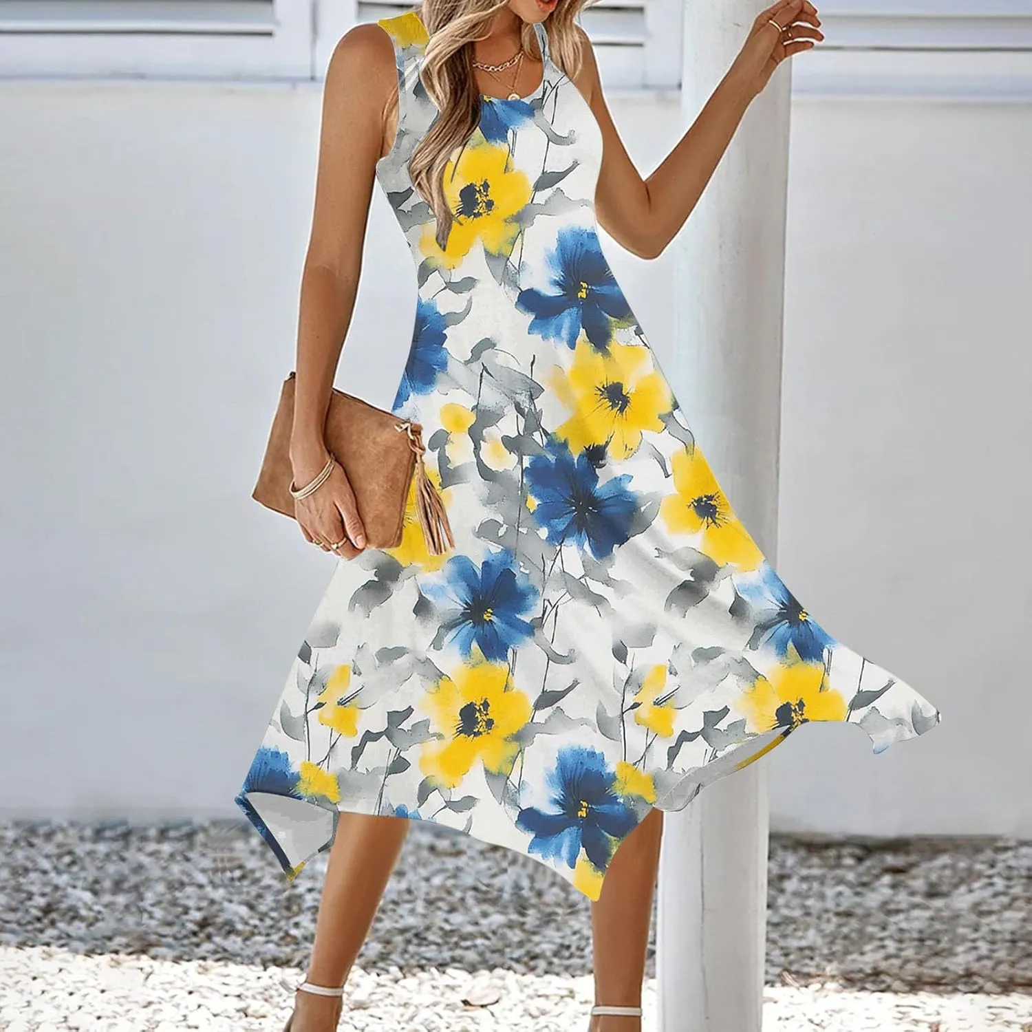 Women's Beach Sleeveless Midi Dress Summer Casual Tank Dresses Floral Print Loose A-Line Tank Sundress with Pockets