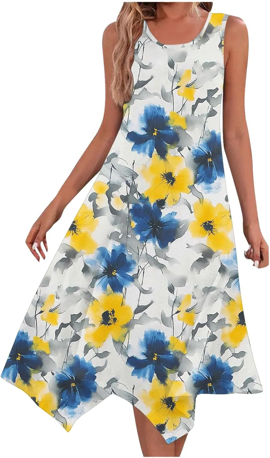 Women's Beach Sleeveless Midi Dress Summer Casual Tank Dresses Floral Print Loose A-Line Tank Sundress with Pockets