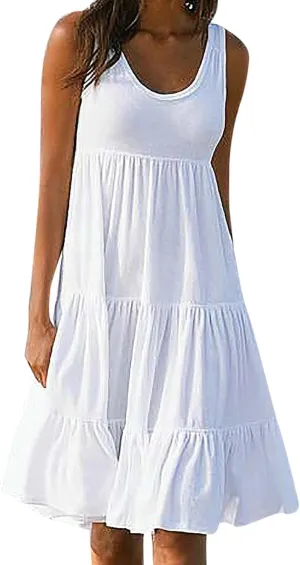 Women's Beach Vacation Clothes Summer Sundresses Casual Loose Trendy Sleeveless Solid Flowy Dress Plus Size, S-4XL