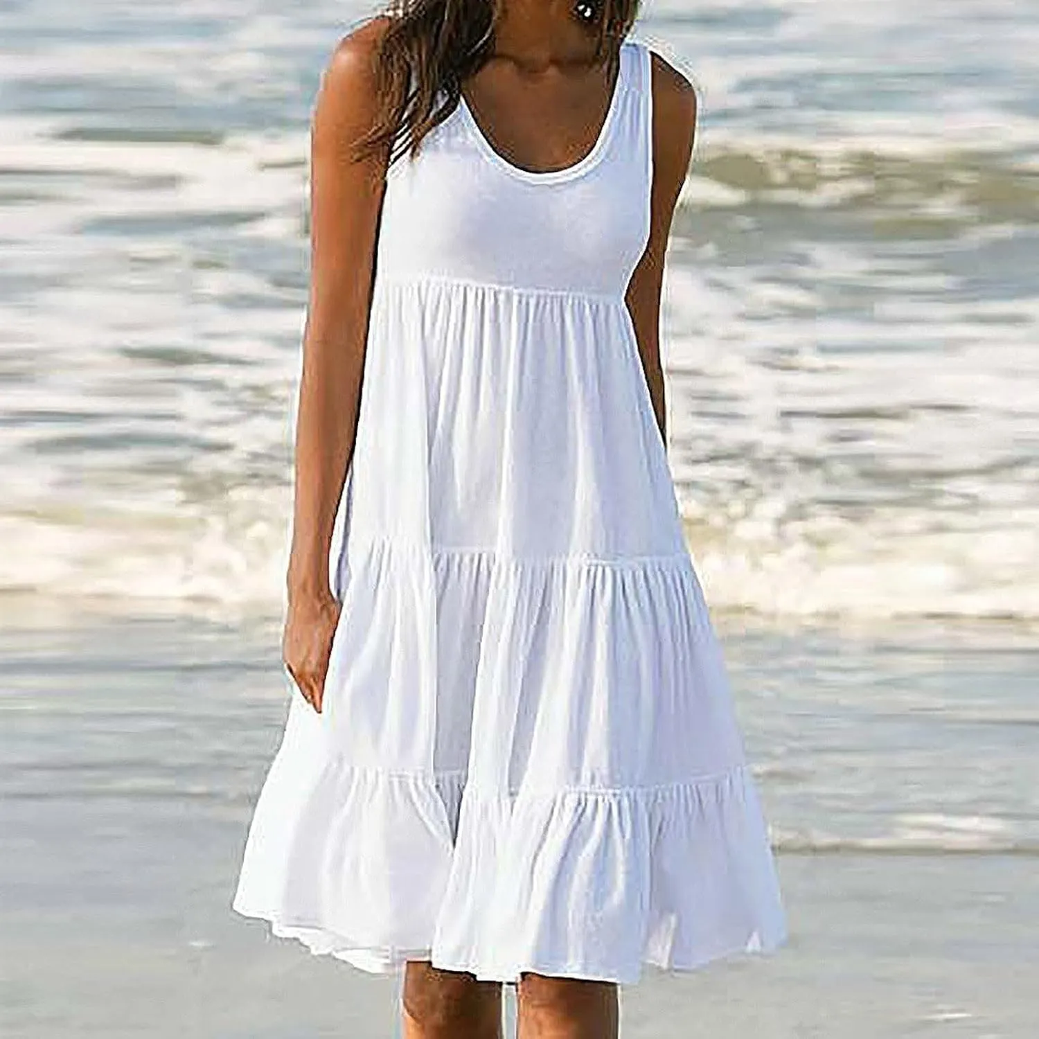Women's Beach Vacation Clothes Summer Sundresses Casual Loose Trendy Sleeveless Solid Flowy Dress Plus Size, S-4XL