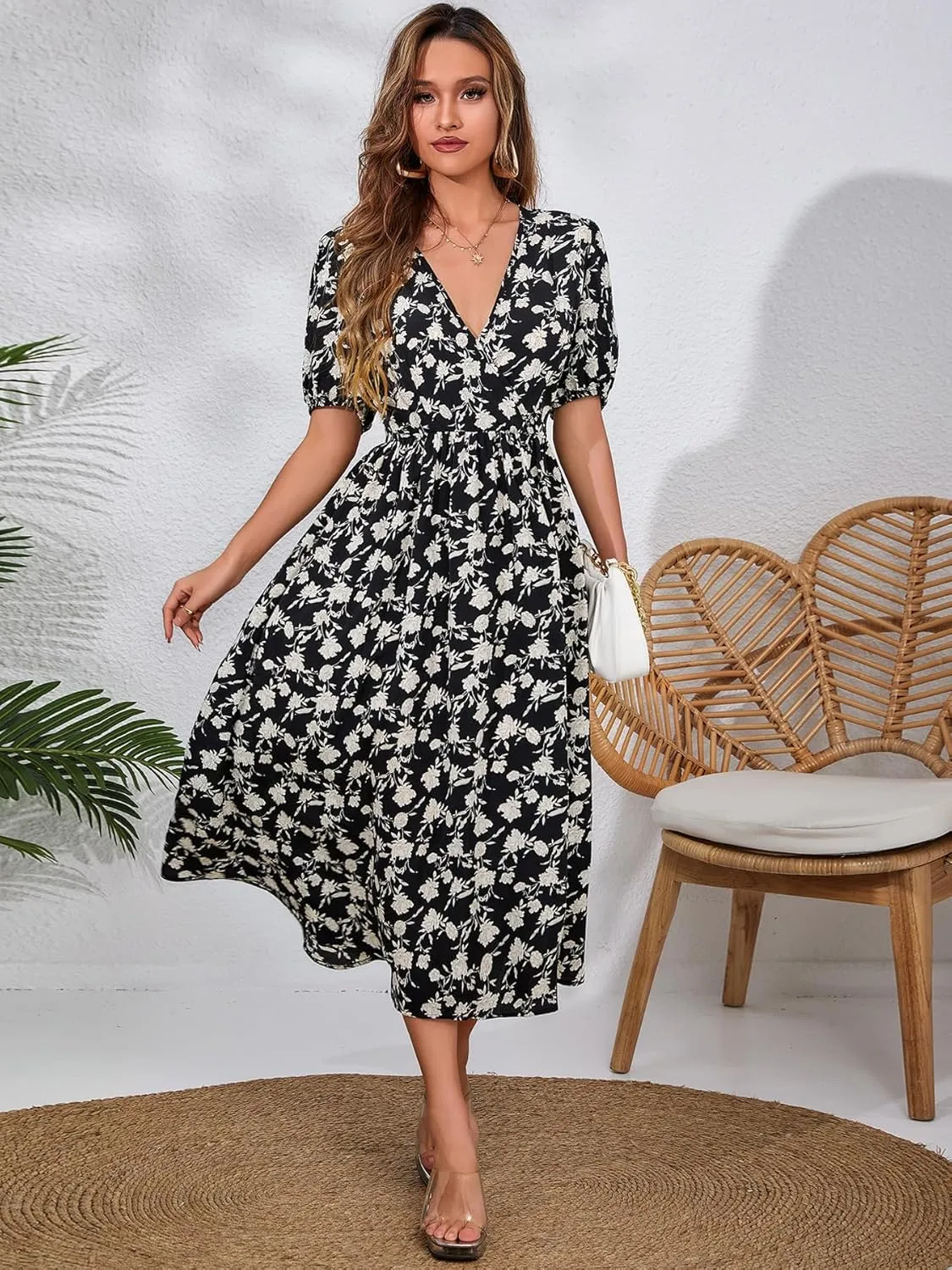 Women's Blue Floral Print Cross V-Neck Maxi Dress, Casual Summer Beach Vacation Dress, Elegant Cocktail Dress for Women