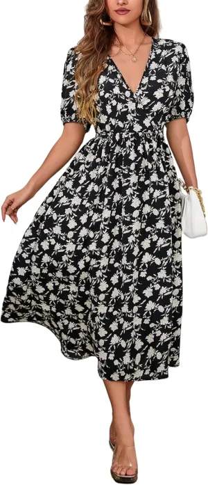 Women's Blue Floral Print Cross V-Neck Maxi Dress, Casual Summer Beach Vacation Dress, Elegant Cocktail Dress for Women