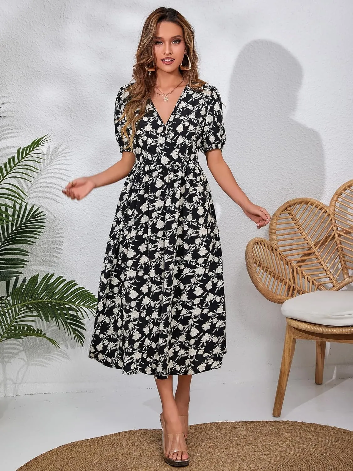 Women's Blue Floral Print Cross V-Neck Maxi Dress, Casual Summer Beach Vacation Dress, Elegant Cocktail Dress for Women