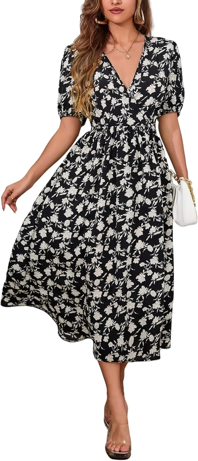 Women's Blue Floral Print Cross V-Neck Maxi Dress, Casual Summer Beach Vacation Dress, Elegant Cocktail Dress for Women