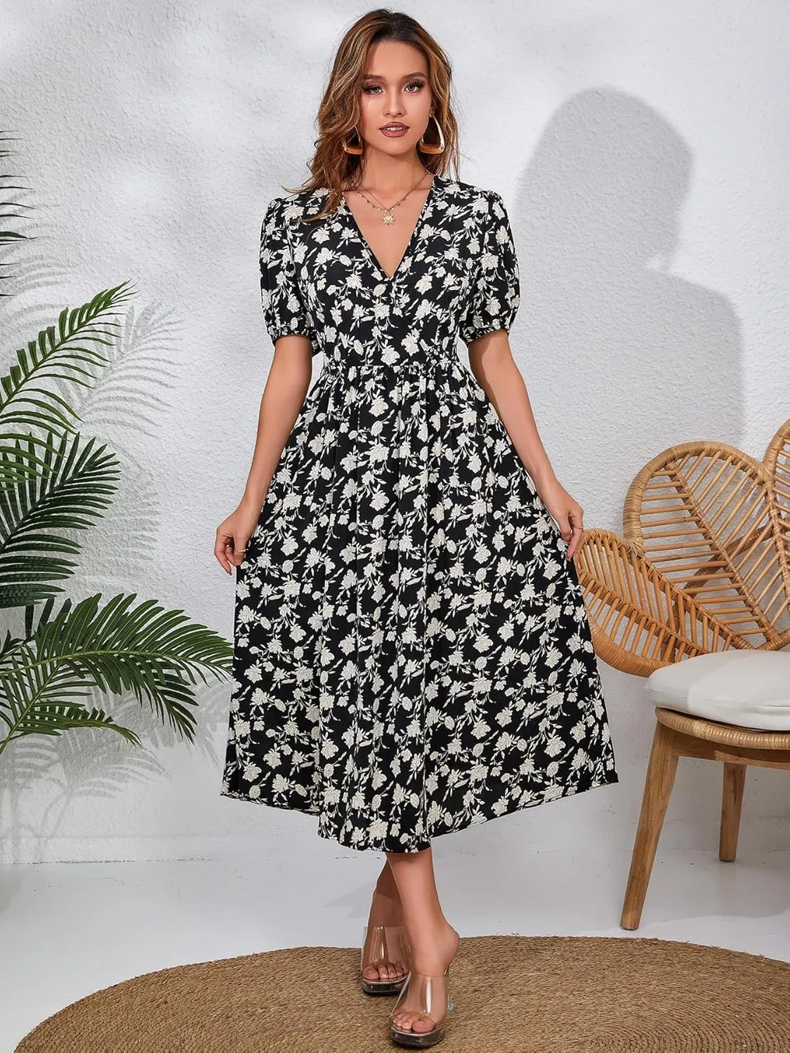 Women's Blue Floral Print Cross V-Neck Maxi Dress, Casual Summer Beach Vacation Dress, Elegant Cocktail Dress for Women