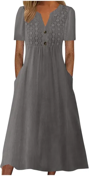 Women's Boho Button Down Lace Floral Dress Fashion Summer Short Sleeve Sexy V Neck Midi Trendy Casual Elegant Dresses