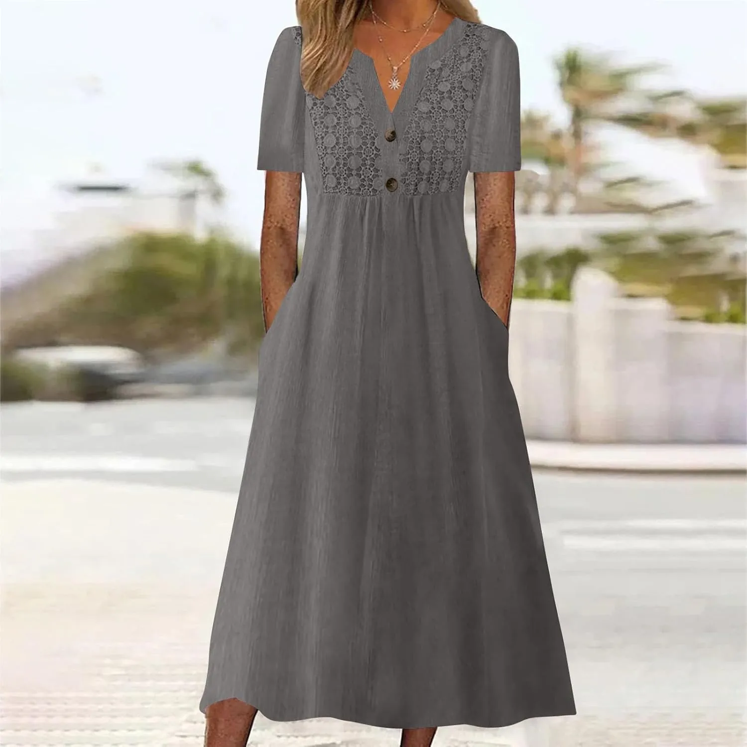 Women's Boho Button Down Lace Floral Dress Fashion Summer Short Sleeve Sexy V Neck Midi Trendy Casual Elegant Dresses