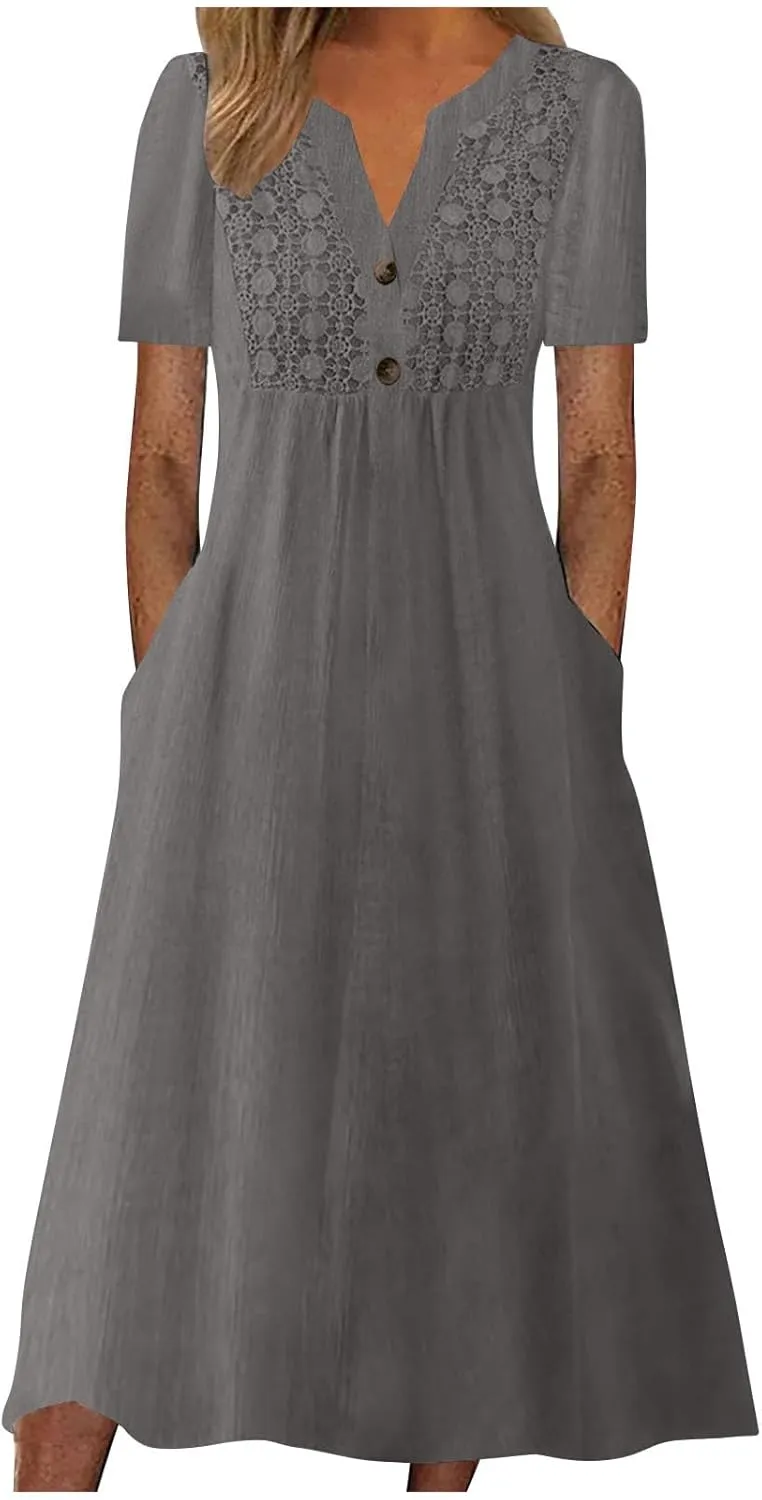 Women's Boho Button Down Lace Floral Dress Fashion Summer Short Sleeve Sexy V Neck Midi Trendy Casual Elegant Dresses