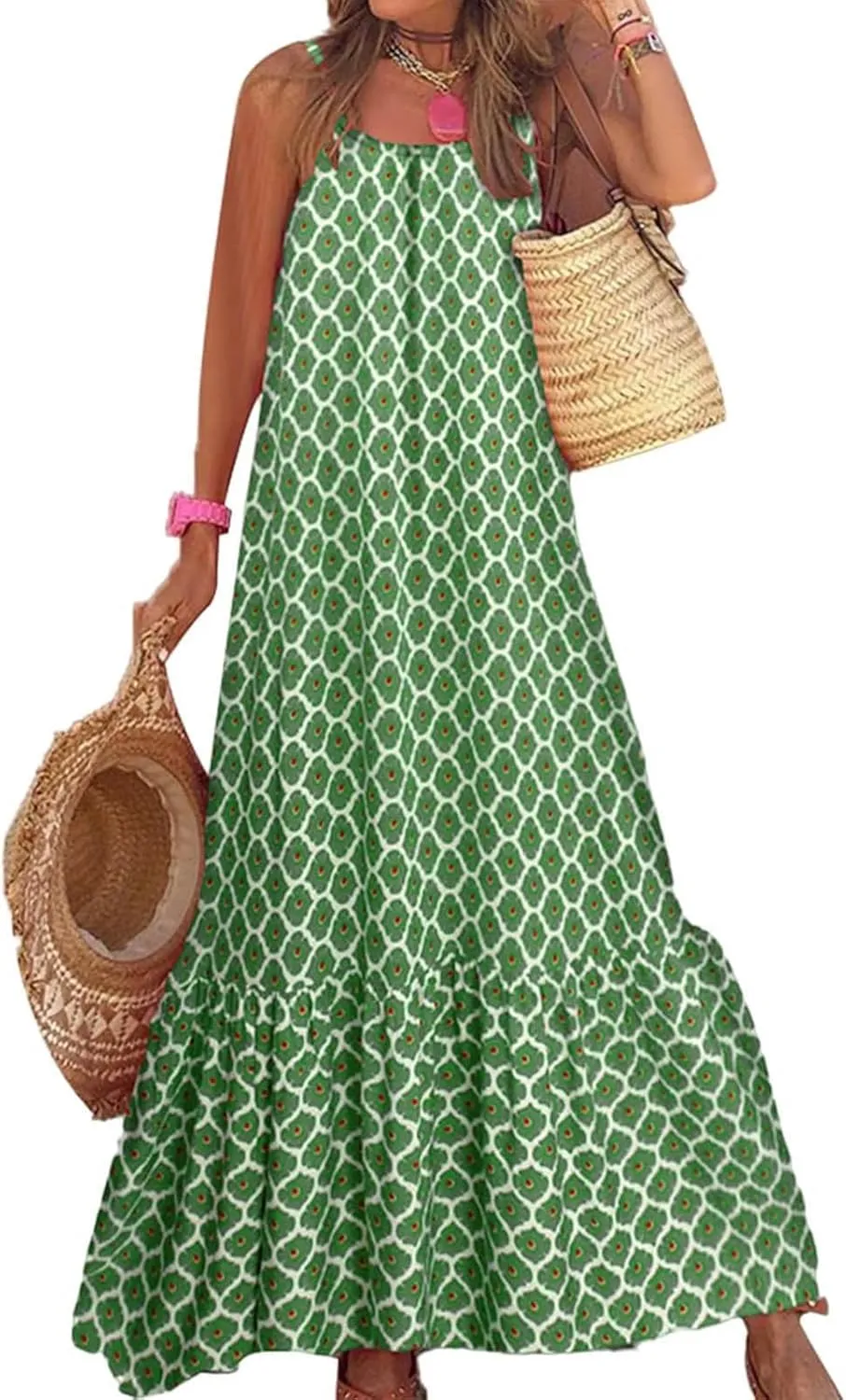 Womens Boho Strap Dresses Print Loose Maxi Dress Summer Beach Vacation Casual Sundress Ladies Fashion Travel Clothes