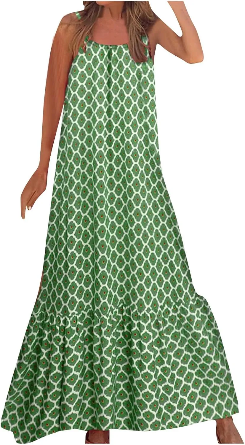 Womens Boho Strap Dresses Print Loose Maxi Dress Summer Beach Vacation Casual Sundress Ladies Fashion Travel Clothes