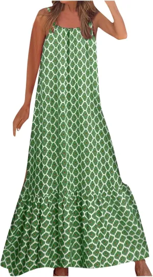 Womens Boho Strap Dresses Print Loose Maxi Dress Summer Beach Vacation Casual Sundress Ladies Fashion Travel Clothes