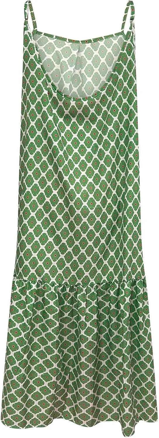 Womens Boho Strap Dresses Print Loose Maxi Dress Summer Beach Vacation Casual Sundress Ladies Fashion Travel Clothes