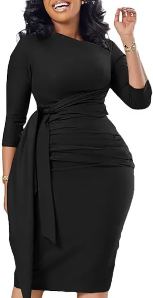 Women's Business Retro Ruffles 3/4 Sleeve Vintage Bodycon Peplum Formal Work Pencil Dress