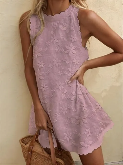 Women's Casual Embroidered Lace Floral Sleeveless Mini Dress A-line Beach Vacation Dresses Ruffle Swing Loose Tank Sundresses