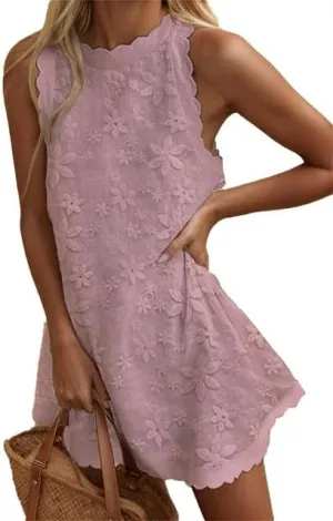 Women's Casual Embroidered Lace Floral Sleeveless Mini Dress A-line Beach Vacation Dresses Ruffle Swing Loose Tank Sundresses