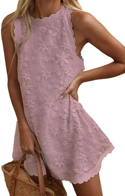 Women's Casual Embroidered Lace Floral Sleeveless Mini Dress A-line Beach Vacation Dresses Ruffle Swing Loose Tank Sundresses