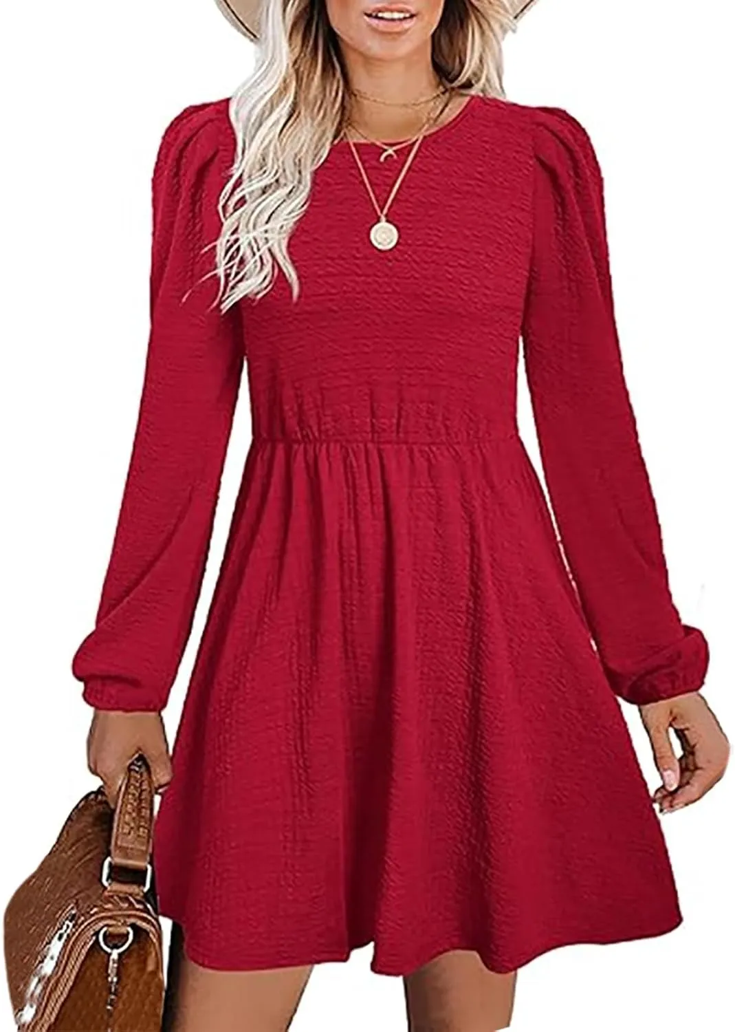 Women's Casual Pleated Tiered A Line Dress Long Sleeve Crewneck Swing Ruffle Mini Dress Solid Fall Trendy Dresses