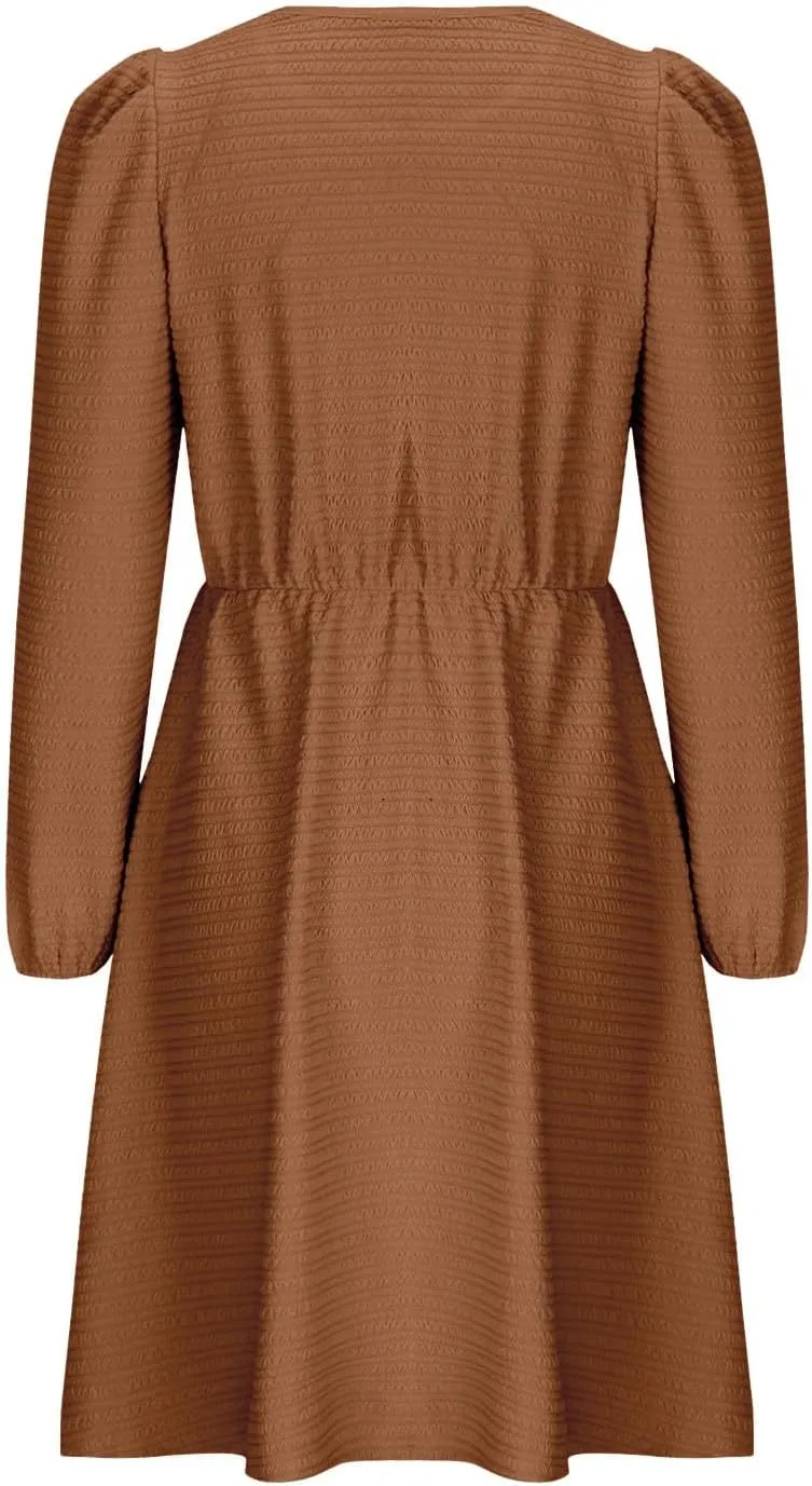 Women's Casual Pleated Tiered A Line Dress Long Sleeve Crewneck Swing Ruffle Mini Dress Solid Fall Trendy Dresses