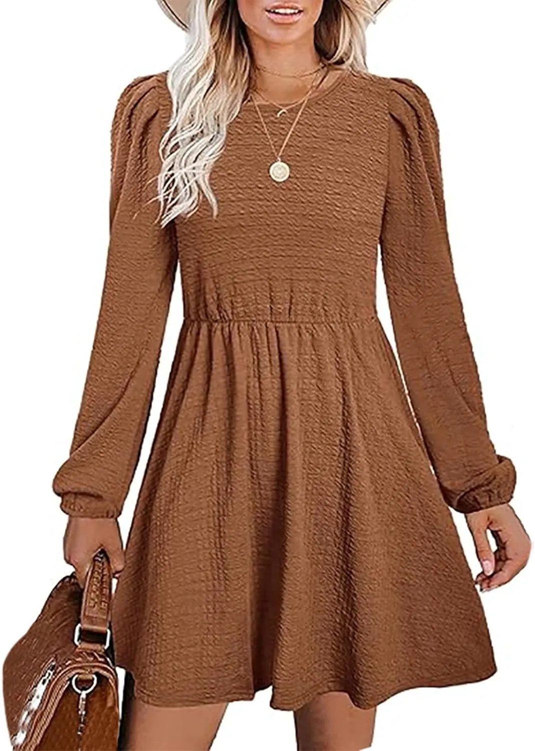 Women's Casual Pleated Tiered A Line Dress Long Sleeve Crewneck Swing Ruffle Mini Dress Solid Fall Trendy Dresses