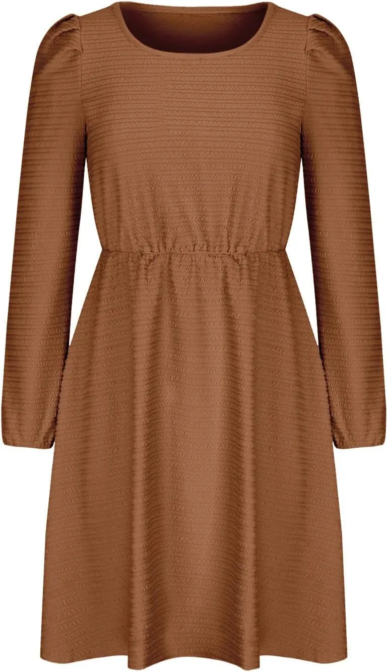 Women's Casual Pleated Tiered A Line Dress Long Sleeve Crewneck Swing Ruffle Mini Dress Solid Fall Trendy Dresses