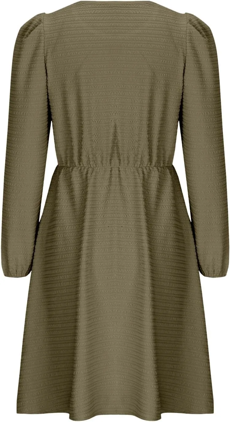 Women's Casual Pleated Tiered A Line Dress Long Sleeve Crewneck Swing Ruffle Mini Dress Solid Fall Trendy Dresses