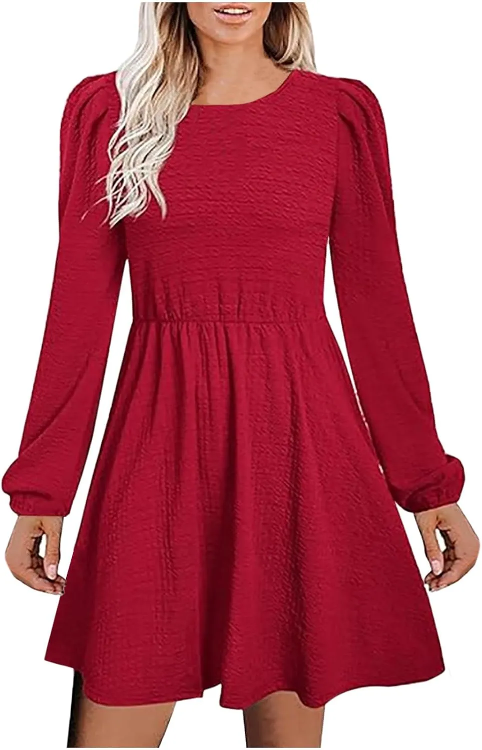 Women's Casual Pleated Tiered A Line Dress Long Sleeve Crewneck Swing Ruffle Mini Dress Solid Fall Trendy Dresses