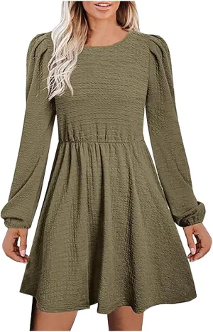 Women's Casual Pleated Tiered A Line Dress Long Sleeve Crewneck Swing Ruffle Mini Dress Solid Fall Trendy Dresses