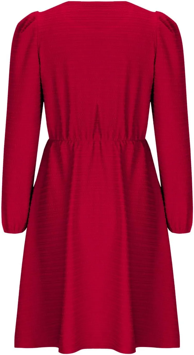 Women's Casual Pleated Tiered A Line Dress Long Sleeve Crewneck Swing Ruffle Mini Dress Solid Fall Trendy Dresses