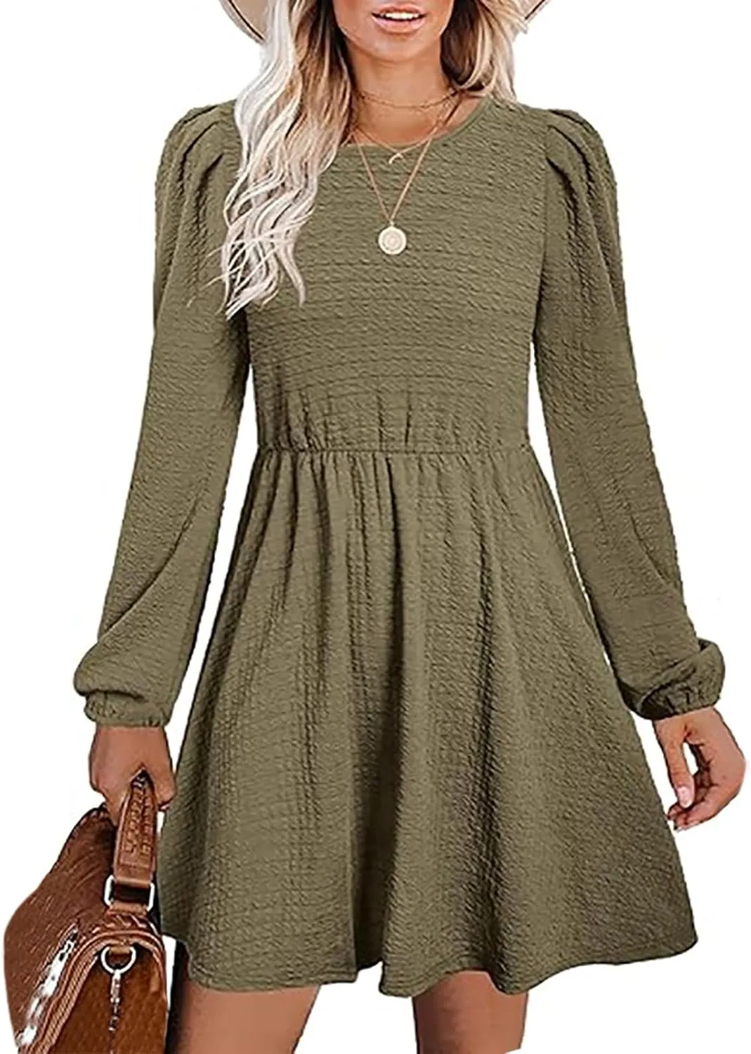Women's Casual Pleated Tiered A Line Dress Long Sleeve Crewneck Swing Ruffle Mini Dress Solid Fall Trendy Dresses