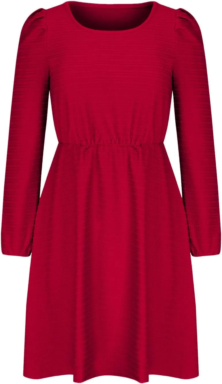 Women's Casual Pleated Tiered A Line Dress Long Sleeve Crewneck Swing Ruffle Mini Dress Solid Fall Trendy Dresses