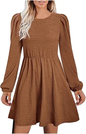 Women's Casual Pleated Tiered A Line Dress Long Sleeve Crewneck Swing Ruffle Mini Dress Solid Fall Trendy Dresses