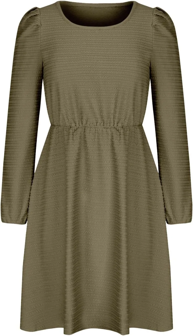 Women's Casual Pleated Tiered A Line Dress Long Sleeve Crewneck Swing Ruffle Mini Dress Solid Fall Trendy Dresses