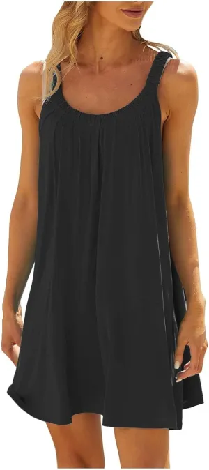Womens Causal Summer Dress Beach Dress Sleeveless Waist Tie Front Bikini A- Line Mini Short Sun Dresses Beachwear